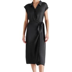 Steve Madden Desiree Dress, Black Button Down‎ Midi, faux wrap tie waist